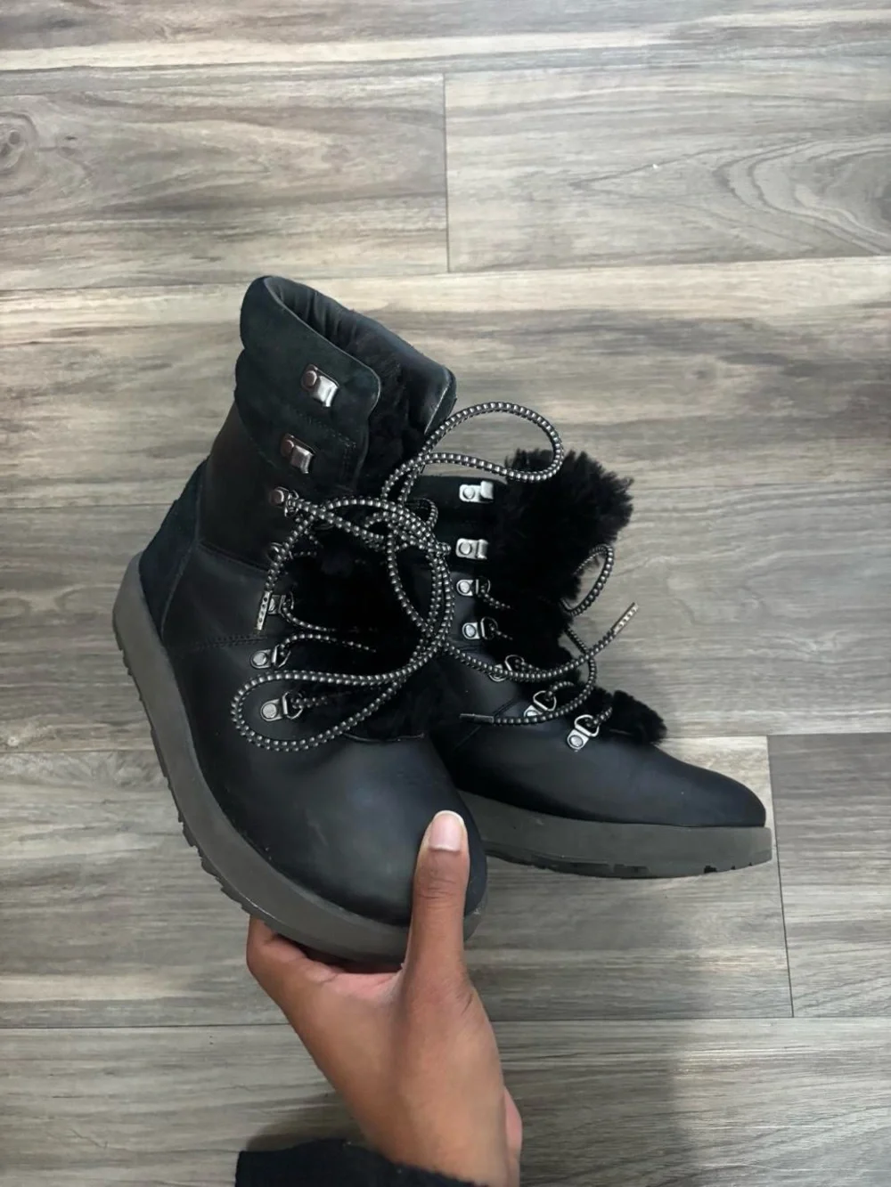 UGG Black Women's Faux Fur Lace-Up Winter Boots